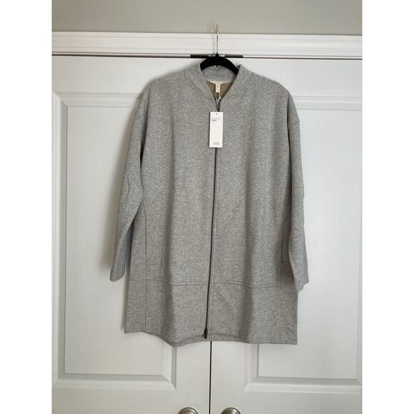 Eileen Fisher Small Dark Pearl Brushed Cotton Terry Zip Front Flight Jacket Long - Picture 1 of 9
